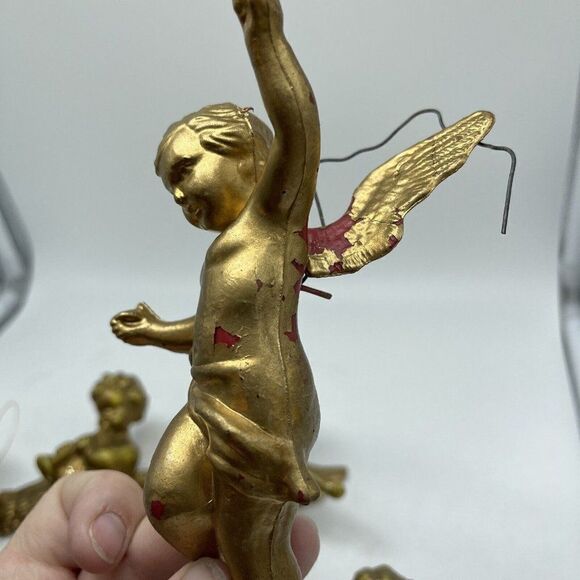 Vintage Cherub Gold Angel Ornaments Set of 8 Playing Instruments Painted Plastic - Picture 2 of 12